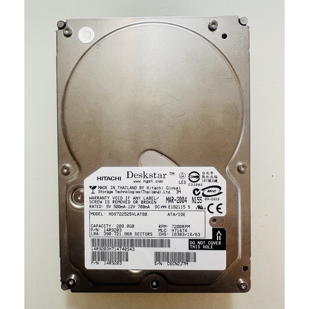 Hitachi Deskstar 200GB 7200RPM IDE ATA Hard Drive HDS722525VLAT80 3.5" Vintage